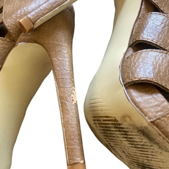 Y2K Shoedazzle Size 6 Faux Leather Tan Brown Strappy Lace Up Disc Heels Boots - Picture 7 of 8